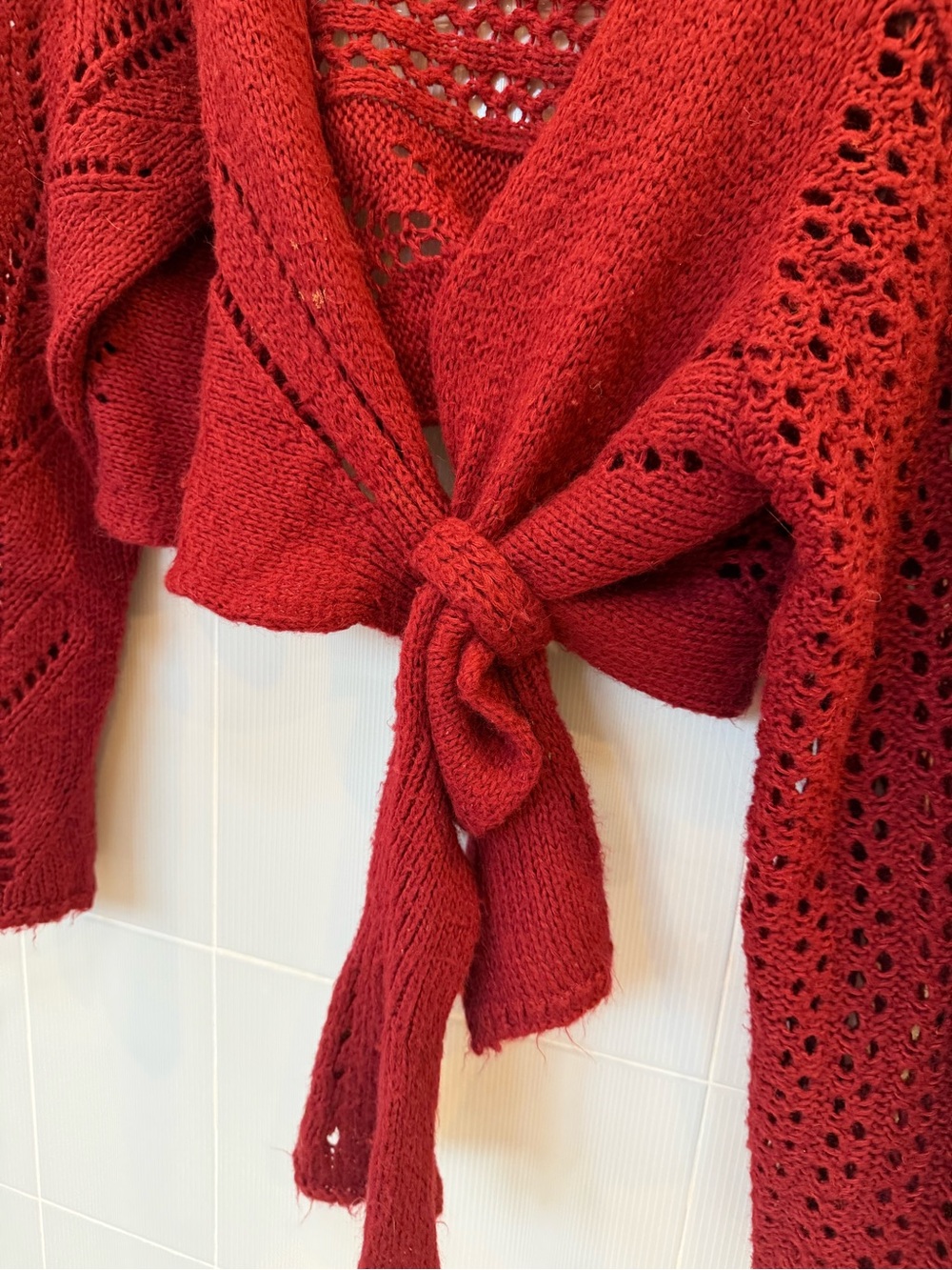 Lane Bryant Knit Tie-Front Openwork Cardigan in Red